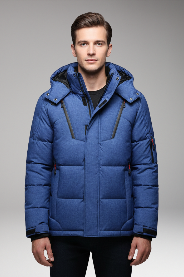 Men's Hooded Puffer Jacket with Zip Front