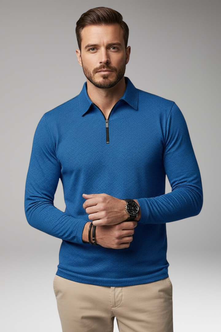 Men's Long-Sleeve Polo Shirt with Zipper and Textured Surface