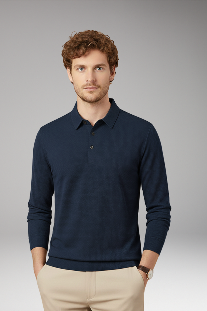 Men's Long-Sleeve Polo with Textured Knit and Streamlined Cut