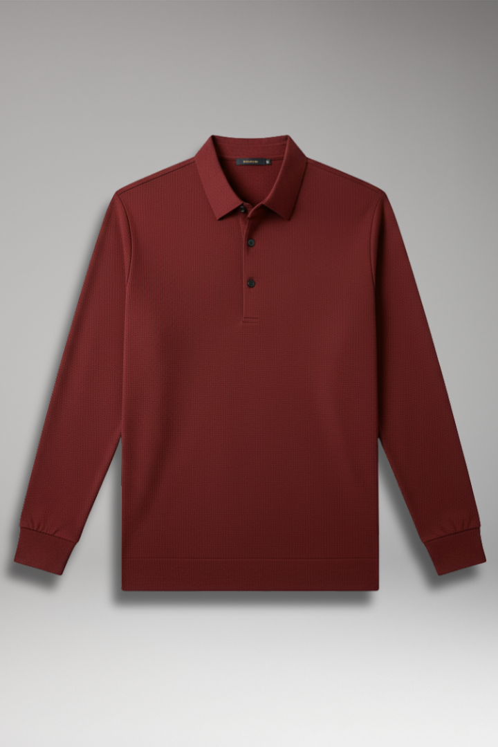 Men's Long-Sleeve Polo with Textured Knit and Streamlined Cut