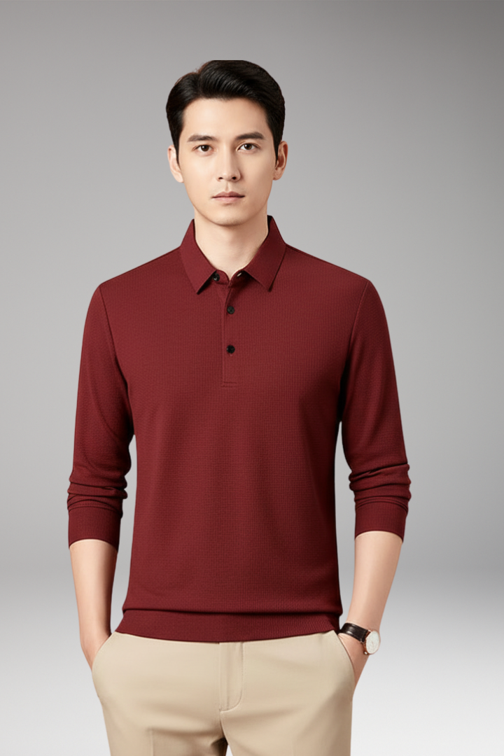 Men's Long-Sleeve Polo with Textured Knit and Streamlined Cut