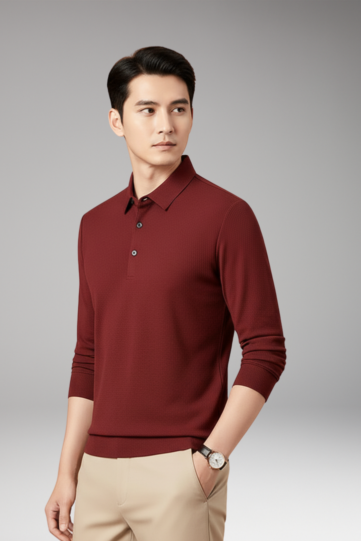 Men's Long-Sleeve Polo with Textured Knit and Streamlined Cut