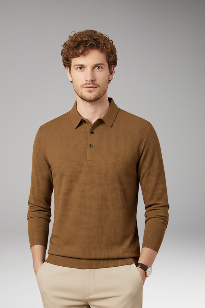 Men's Long-Sleeve Polo with Textured Knit and Streamlined Cut