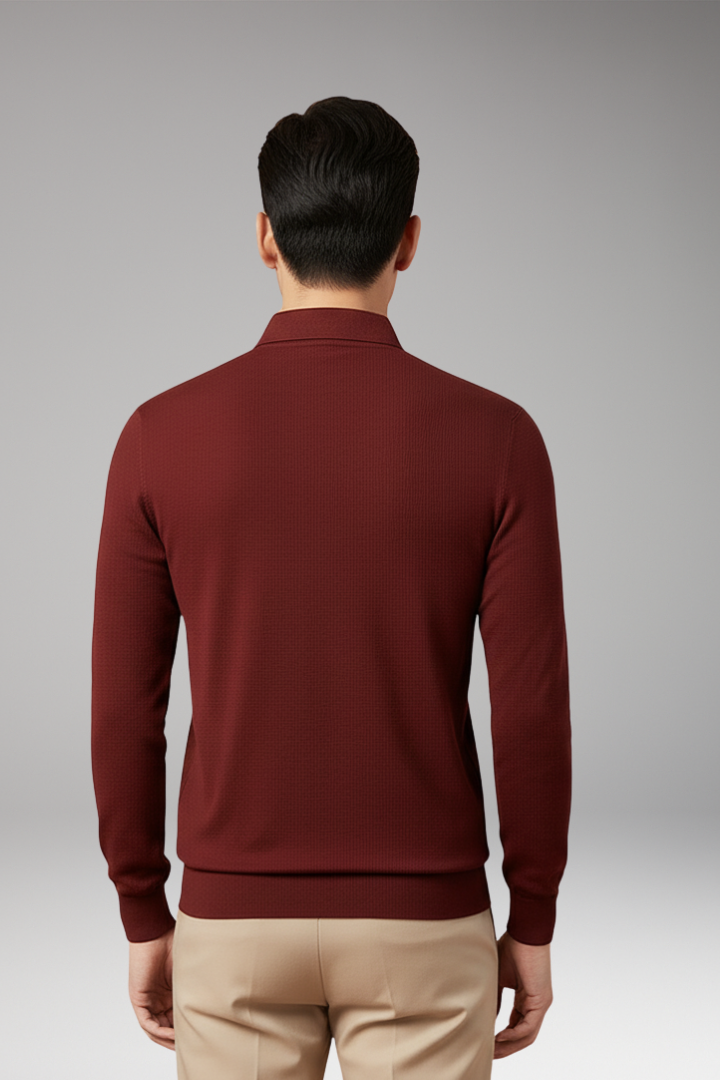 Men's Long-Sleeve Polo with Textured Knit and Streamlined Cut