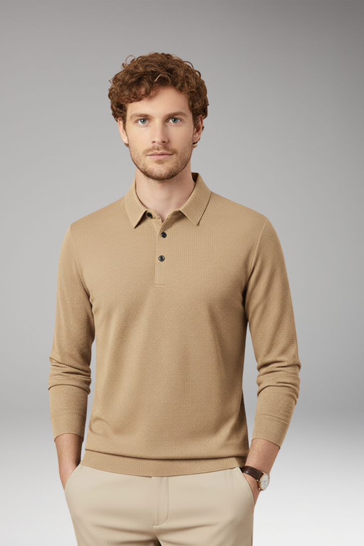 Men's Long-Sleeve Polo with Textured Knit and Streamlined Cut