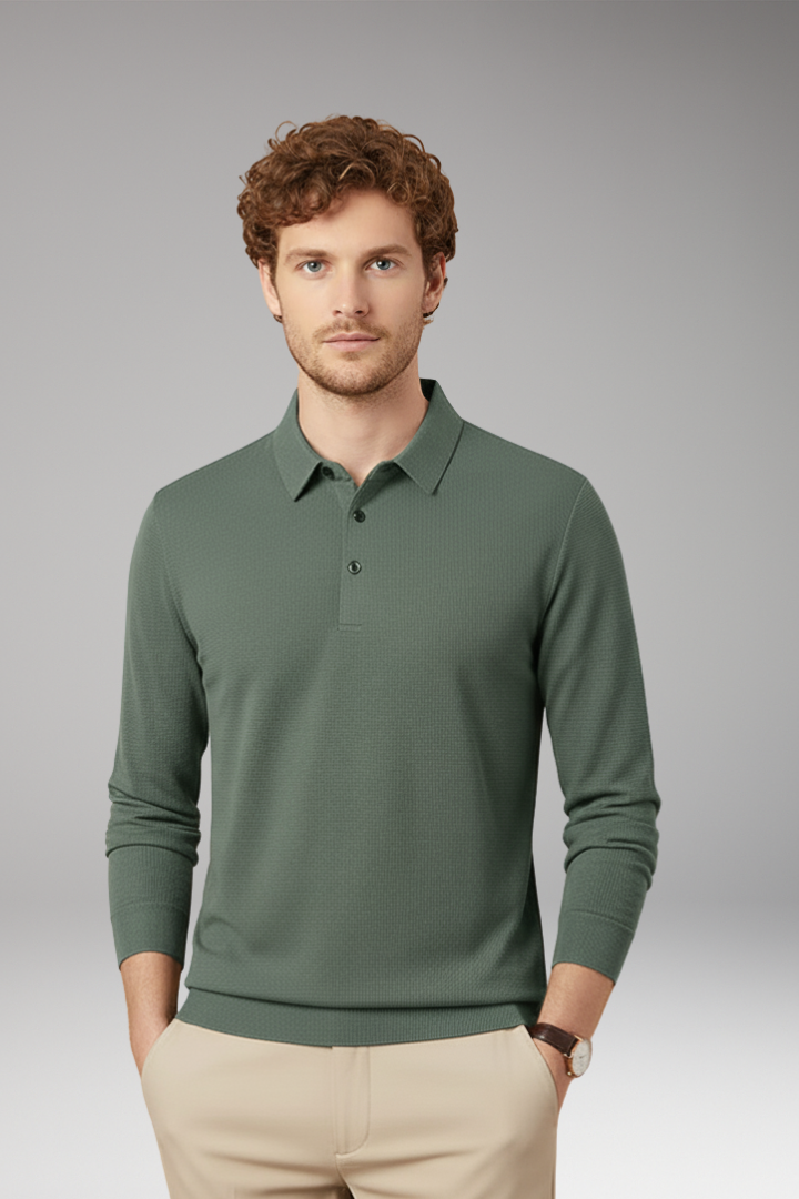 Men's Long-Sleeve Polo with Textured Knit and Streamlined Cut