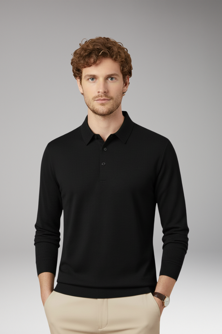 Men's Long-Sleeve Polo with Textured Knit and Streamlined Cut