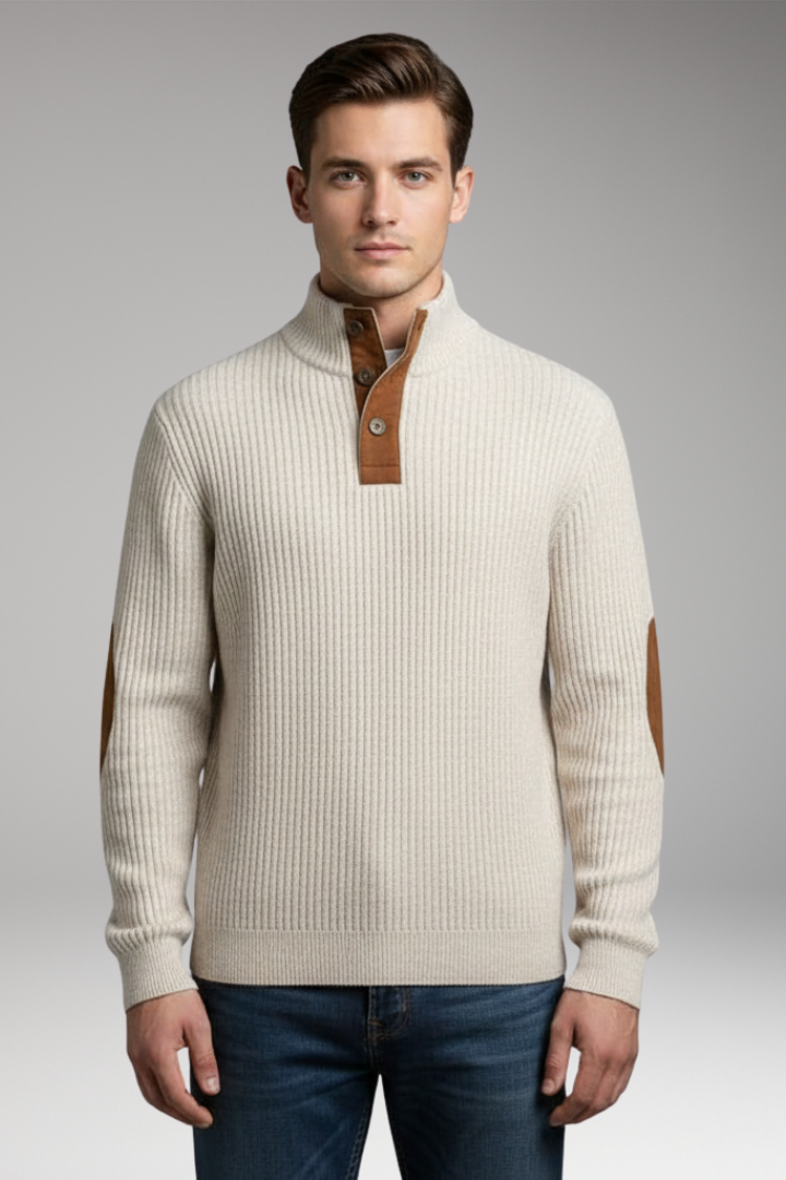 Men's Pullover with Button Neck and Elbow Patch Detail