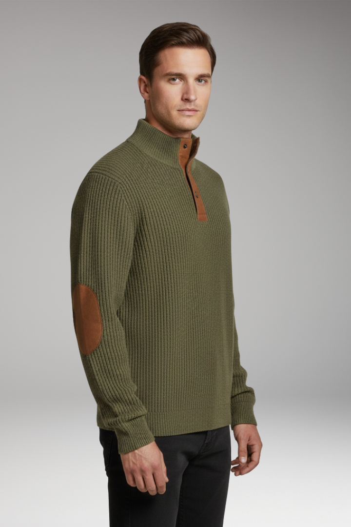 Men's Pullover with Button Neck and Elbow Patch Detail