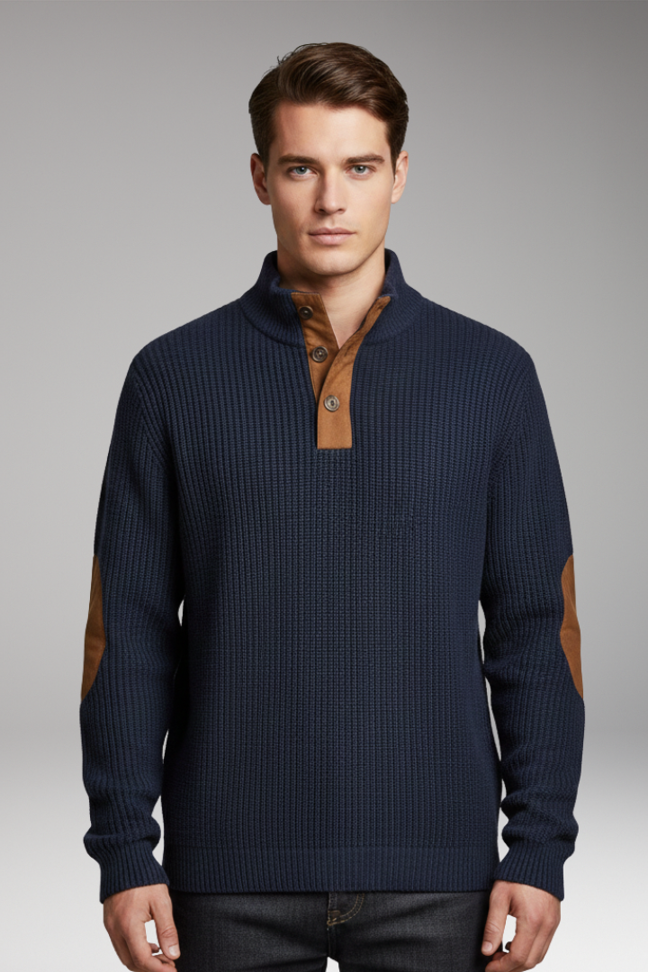 Men's Pullover with Button Neck and Elbow Patch Detail