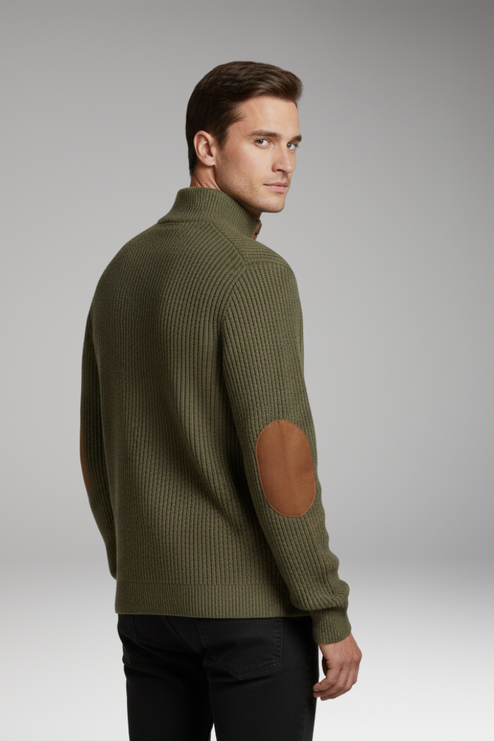 Men's Pullover with Button Neck and Elbow Patch Detail