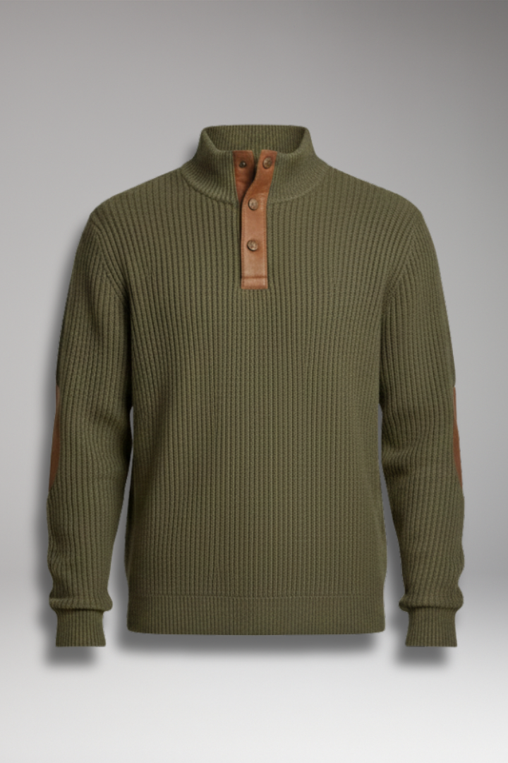 Men's Pullover with Button Neck and Elbow Patch Detail