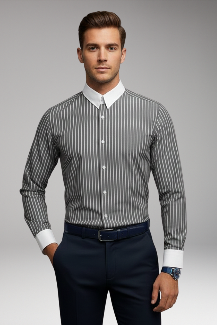 Men's Shirt with Lapel Collar and Buttoned Cuffs