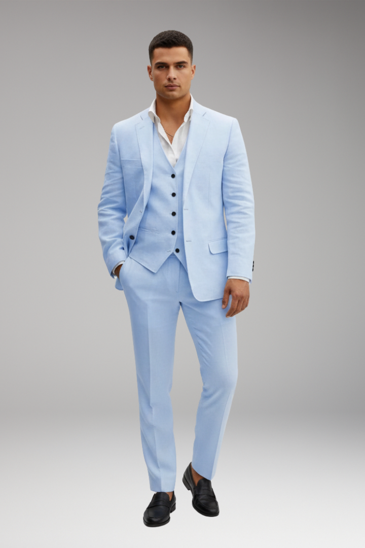 Men's Three-Piece Suit with Buttoned Jacket and Waistcoat