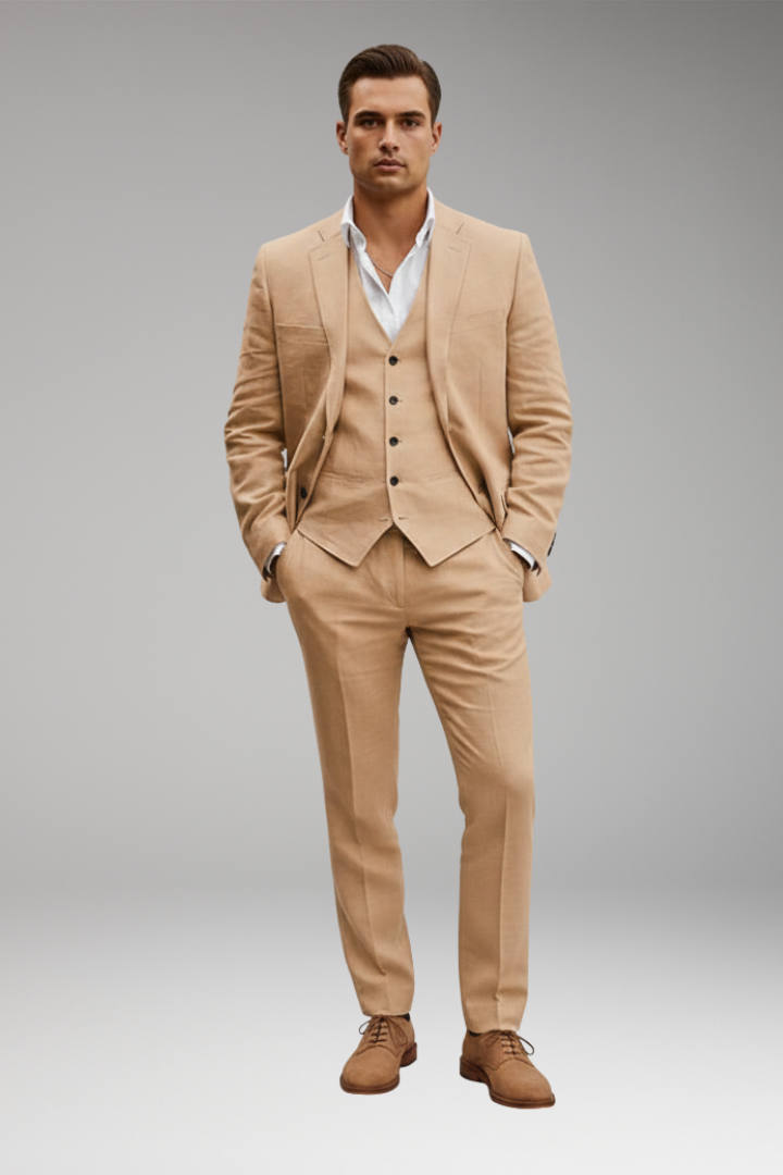 Men's Three-Piece Suit with Buttoned Jacket and Waistcoat