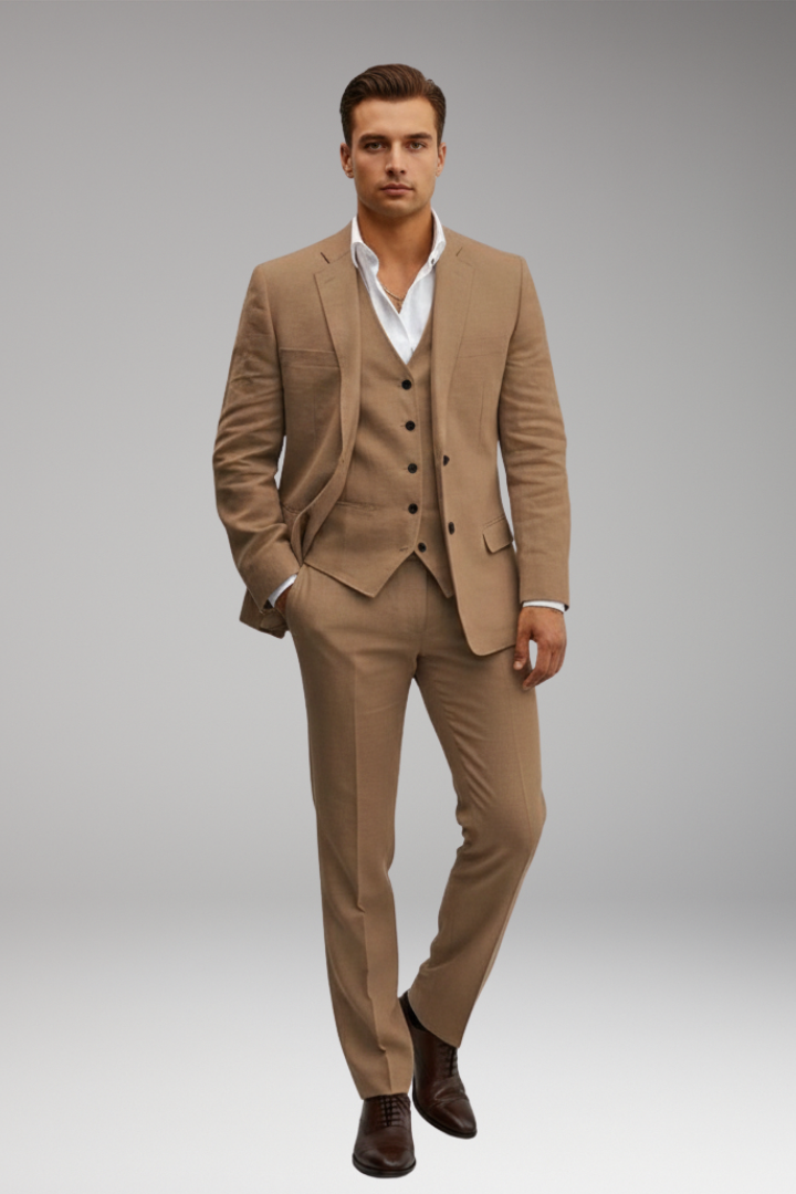 Men's Three-Piece Suit with Buttoned Jacket and Waistcoat