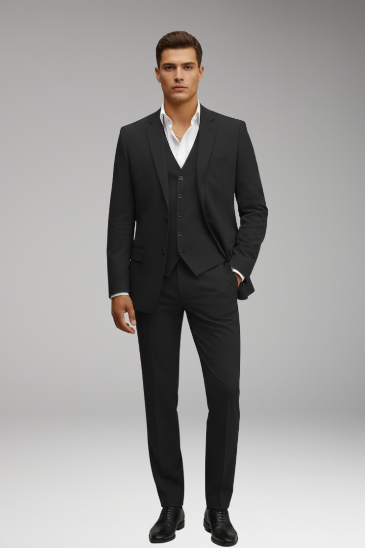 Men's Three-Piece Suit with Buttoned Jacket and Waistcoat