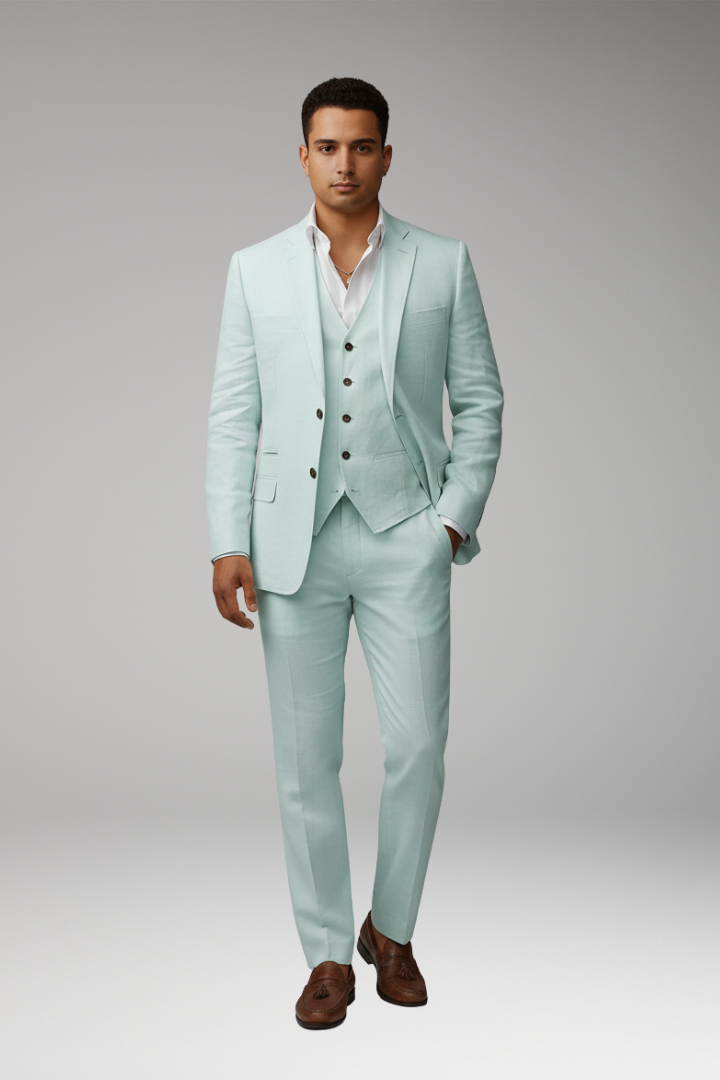 Men's Three-Piece Suit with Buttoned Jacket and Waistcoat