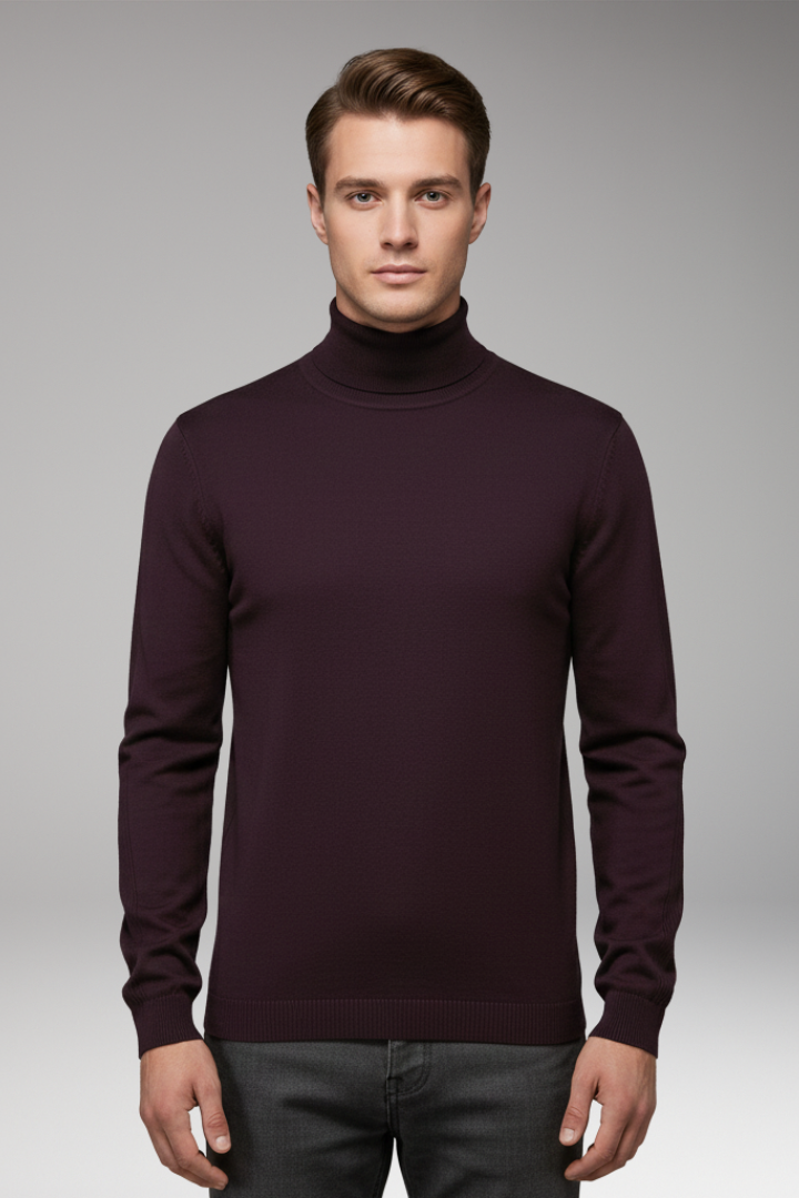 Men's Turtleneck Pullover with Ribbed Cuffs and Straight Hem