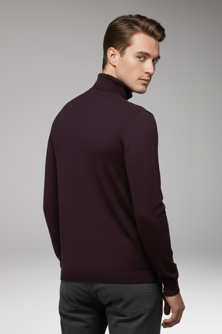 Men's Turtleneck Pullover with Ribbed Cuffs and Straight Hem