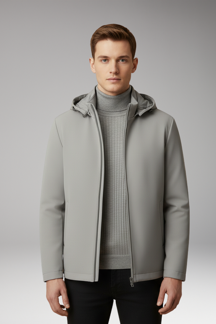 Men's Windproof Jacket with Hood and Zippered Pockets