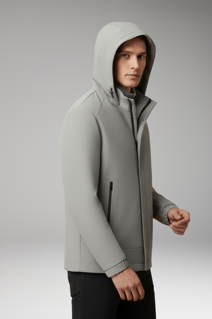 Men's Windproof Jacket with Hood and Zippered Pockets