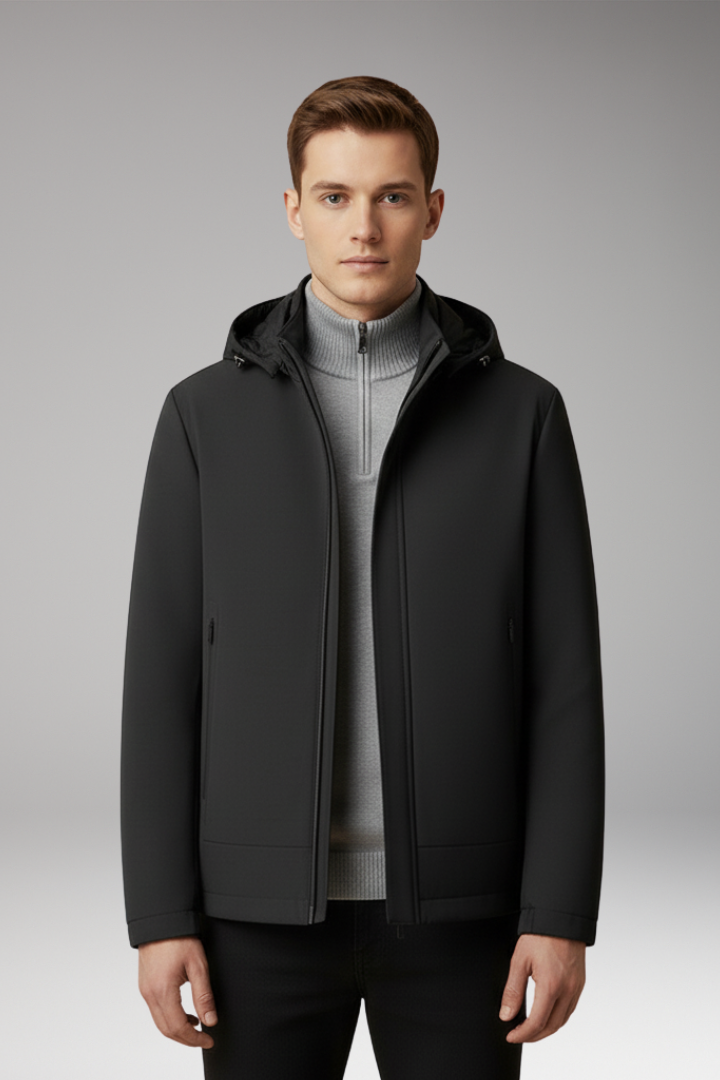 Men's Windproof Jacket with Hood and Zippered Pockets