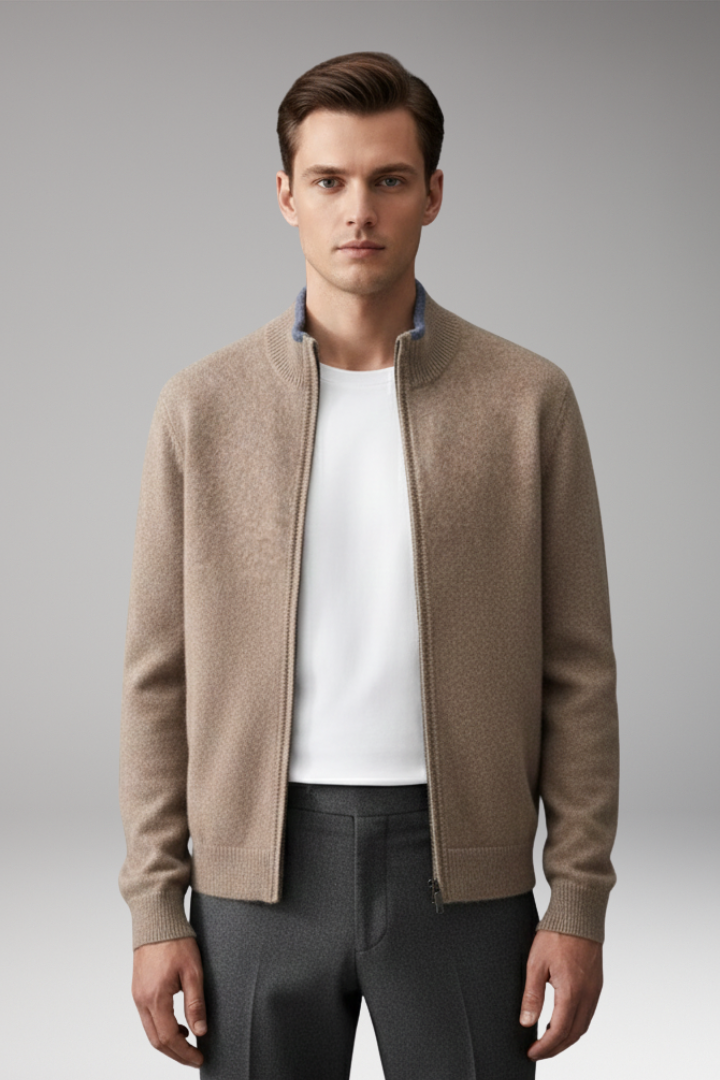 Men's Zip Cardigan with High Neck and Ribbed Texture