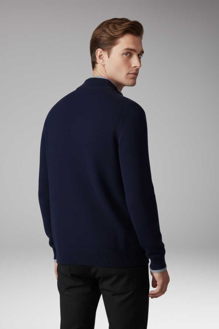 Men's Zip Cardigan with High Neck and Ribbed Texture