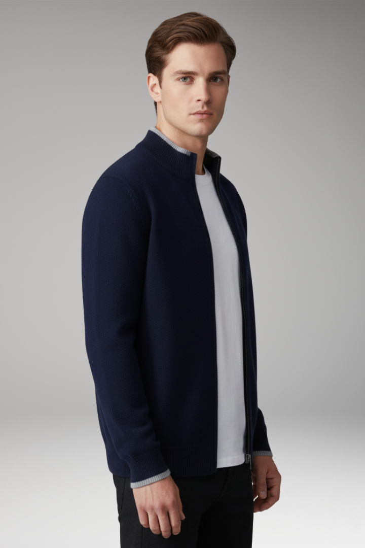 Men's Zip Cardigan with High Neck and Ribbed Texture