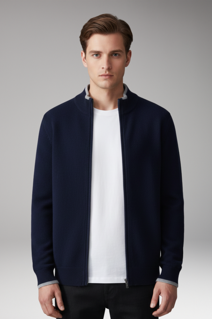 Men's Zip Cardigan with High Neck and Ribbed Texture