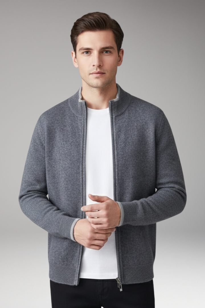 Men's Zip Cardigan with High Neck and Ribbed Texture