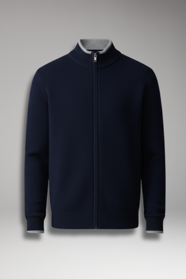 Men's Zip Cardigan with High Neck and Ribbed Texture