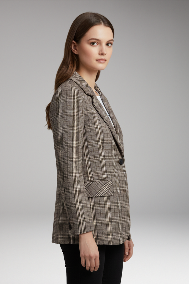 Women's Blazer with Notched Collar and Plaid Pattern