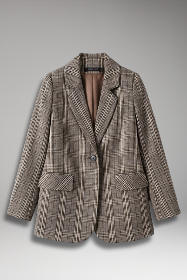 Women's Blazer with Notched Collar and Plaid Pattern