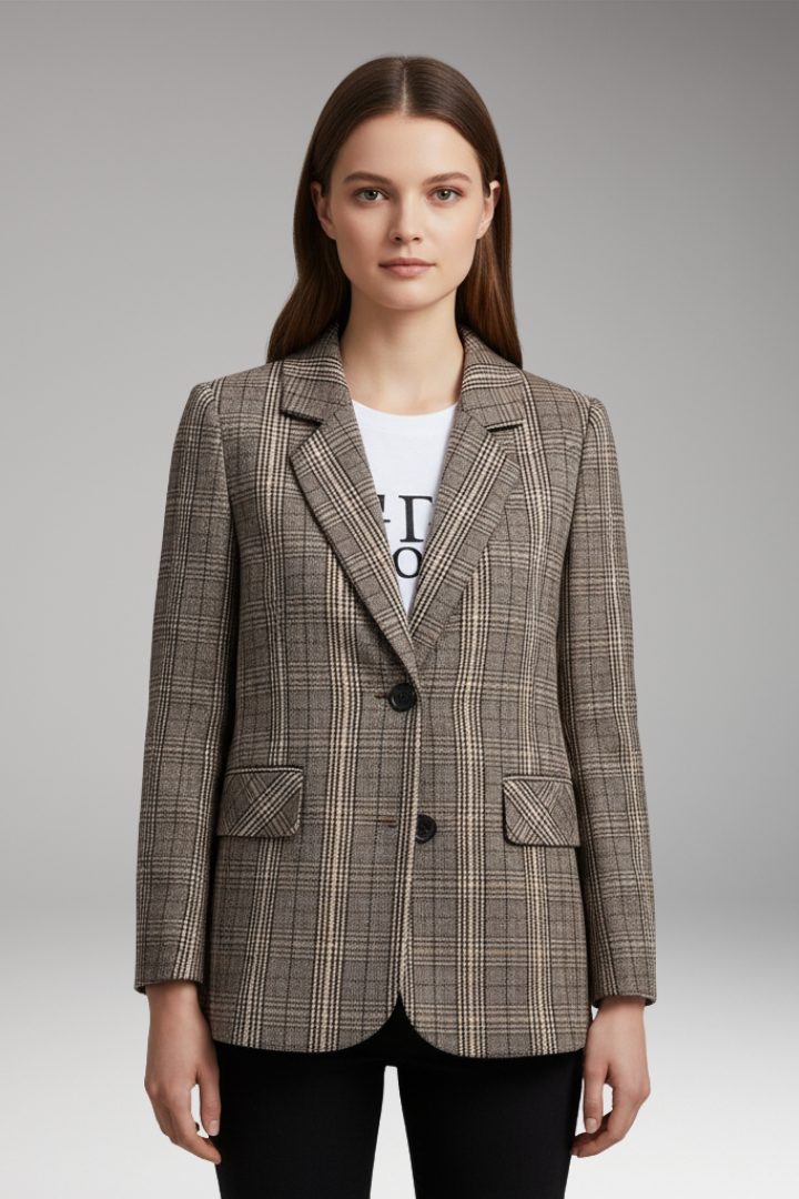 Women's Blazer with Notched Collar and Plaid Pattern