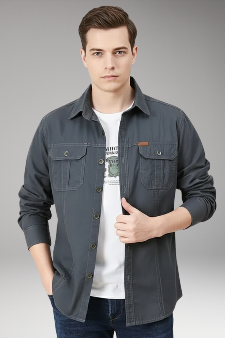 Men's Button-Up Shirt with Pockets and Collar