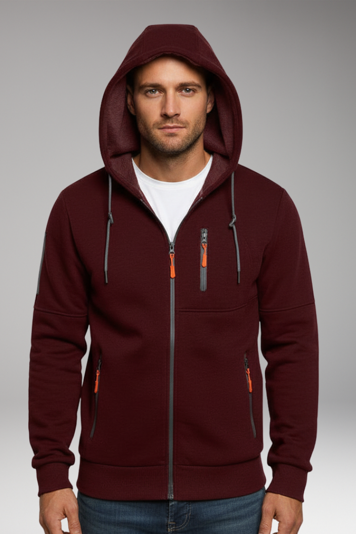 Men's Hooded Sports Jacket with Zipper and Pockets