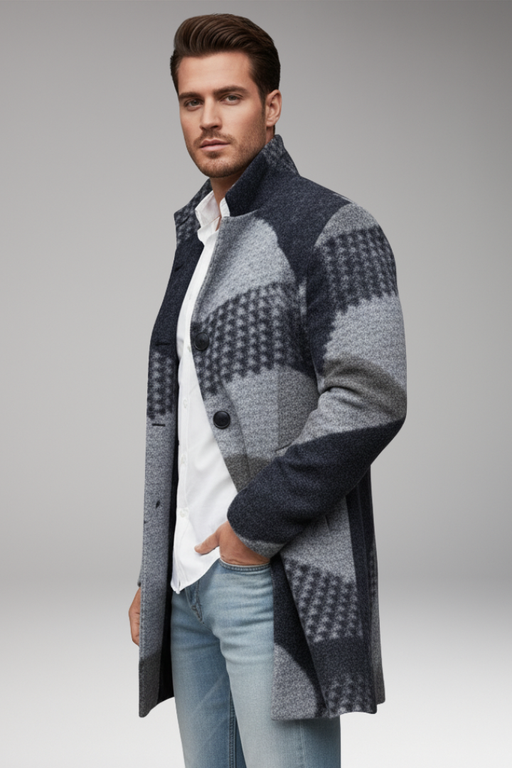 Men's Mid-Length Coat with Buttons and Collar