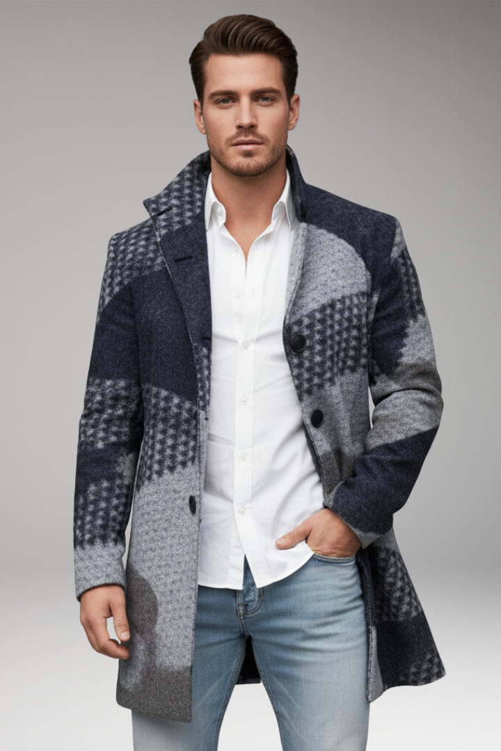 Men's Mid-Length Coat with Buttons and Collar